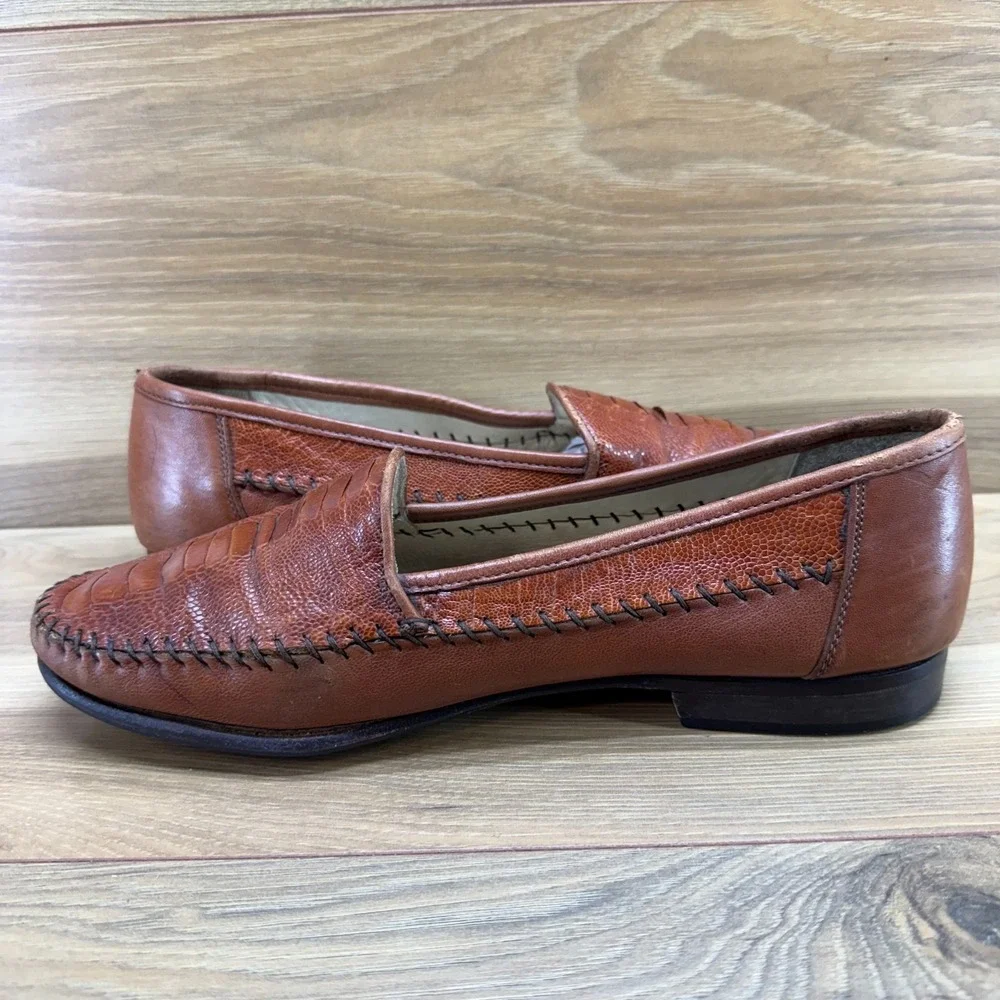 Ennesi Gold Italian Ostrich Leg Loafers Mens 9 M Whiskey Brown Slip On Business